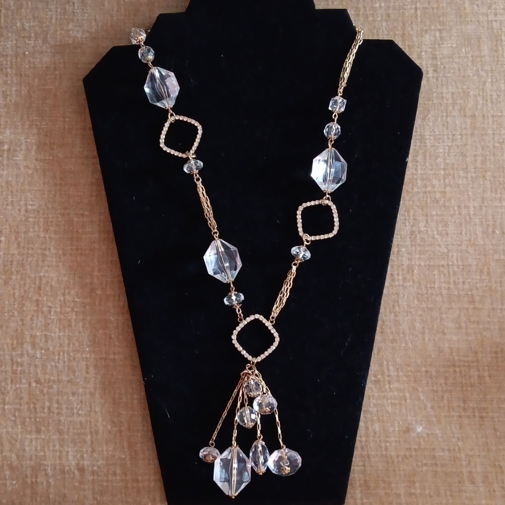 Gold Tone Three Strand Crystal Statement Necklace